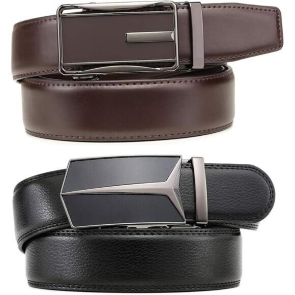 Mens Leather Ratchet Belt Set Adjustable Dress Slide Buckle Click Fit Belts - Picture 2 of 7